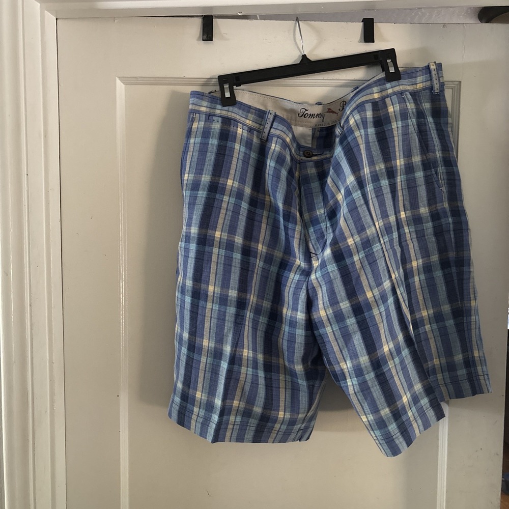 Tommy Bahama Shorts Men's 40 Blue Plaid Hawaiian Linen Blend Casual